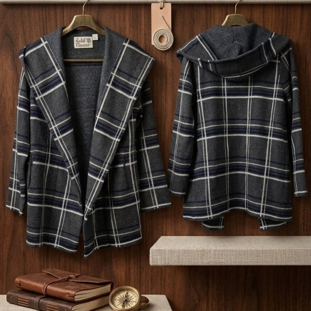 Anthropologie By Field Flower Plaid Blazer in Navy and White